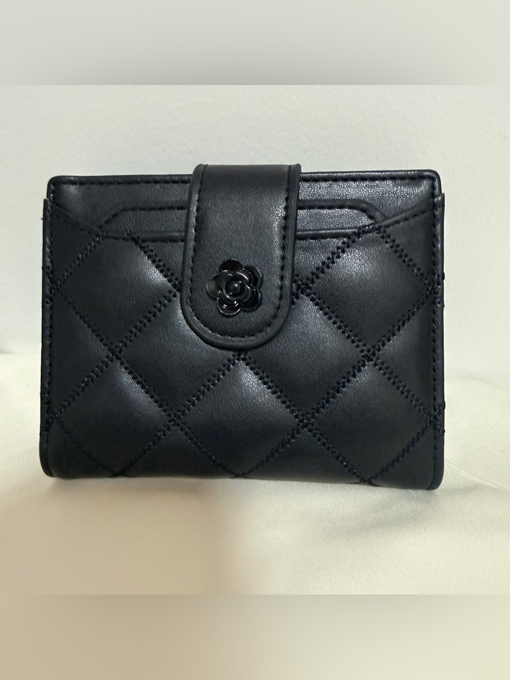Black Quilted Women's Wallet with Floral Snap